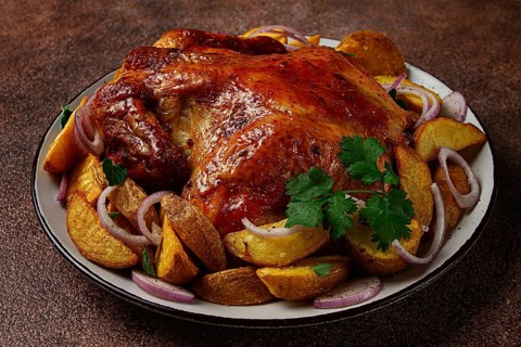 Fried, baked chicken, in the oven, with spices, and rustic potatoes, top view, homemade