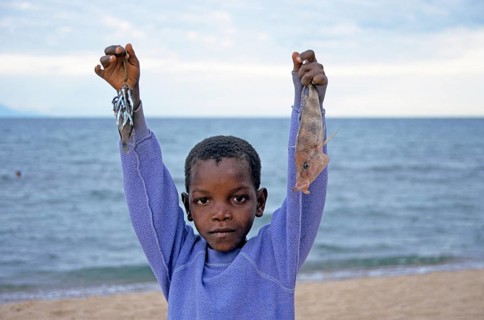 Little boy posing with caught fish for camera, Chitimba, Lake Malawi, Africa, July 2000, vintage,