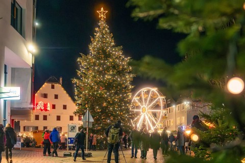 A large festively illuminated Christmas tree and a Ferris wheel light up the night, Christmas