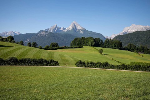 Idyll on Watzmann with summery sky and meadow. Berchtesgaden, Germany