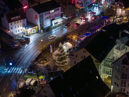 Night scene of a Christmas market with decorated houses and a large Christmas tree in the center,