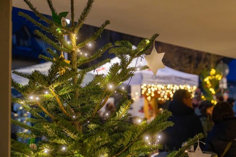 Fairy lights on a Christmas tree with a blurred Christmas market in the background, Aidlingen