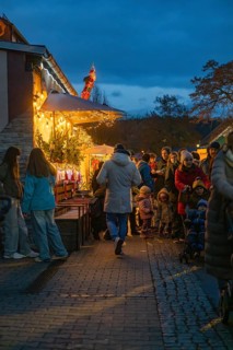 People stroll along illuminated market stalls at dusk, Aidlingen Christmas market, Böblingen