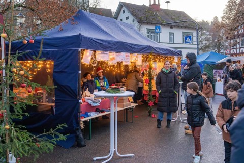 Visitors walk past a tent with Christmas lights and decorations at a Christmas market, Aidlingen
