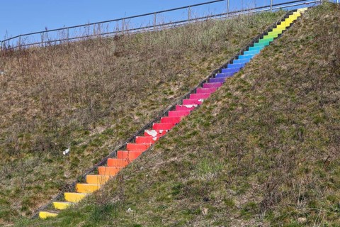 Rainbow staircase near Jarmen an der Peene, stylized rainbow flag, symbol of the LGBTQ movement,