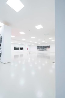 Bright, minimalistic art gallery with several paintings on the wall, Open Horizons exhibition,