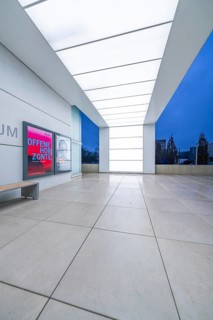 Modern museum entrance with blue lighting and large windows in the evening, Open Horizons
