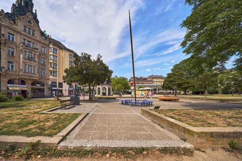 Spear of the giant Ekko, steel installation, park, benches, trees, lawns, paths, general