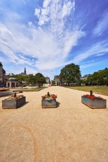 Park, trees, flower pots, plants, lawn, paths, pavilion, general architecture, church tower, blue