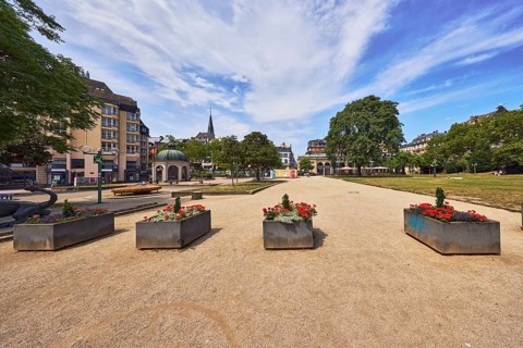 Park, trees, flower pots, plants, lawn, paths, pavilion, general architecture, church tower, blue