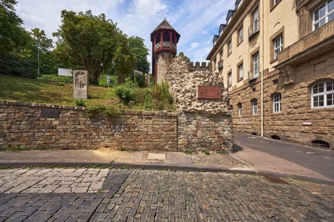 City fortification, historic city wall Heidenmauer, historic building, house, downpipe, faÃ§ade