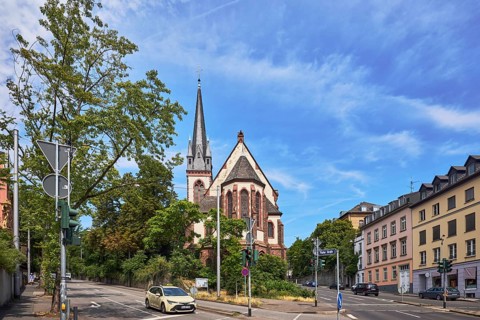 Old Catholic Church of Peace, street, general architecture, residential buildings, cars, taxi,