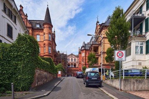 Houses, historic residential buildings, concrete wall, brick wall, trees, hedge, zone 30 sign, blue