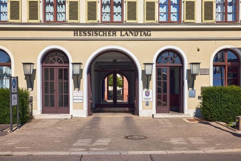 Hessian Parliament, entrance area, entrance door, sign Landtag, lantern, sunny, Schlossplatz,
