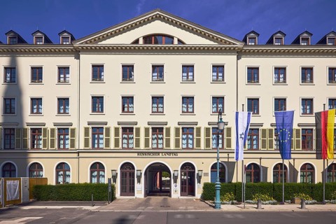 Hessian state parliament, former court marshal's office, architectural style classicism, flagpoles,