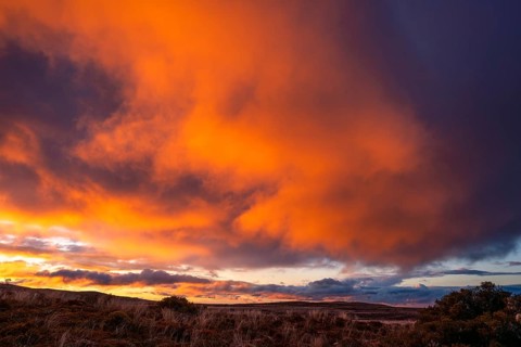 Cloudy sky at sunset, Tama Lake Walk (Tama Lakes Track) . Tongariro National Park, North Island,