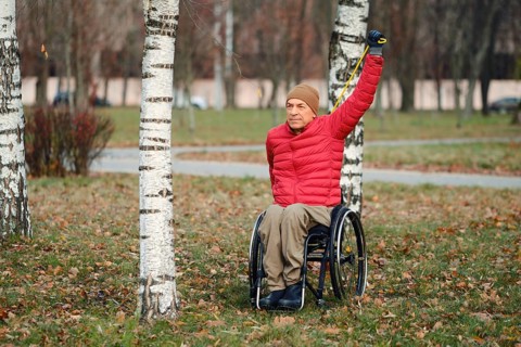 A person in a wheelchair stretches one arm up under the clear sky in a peaceful park filled with