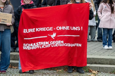 Demo against compulsory military service in Ludwigshafen am Rhein***Picture: Flag with the