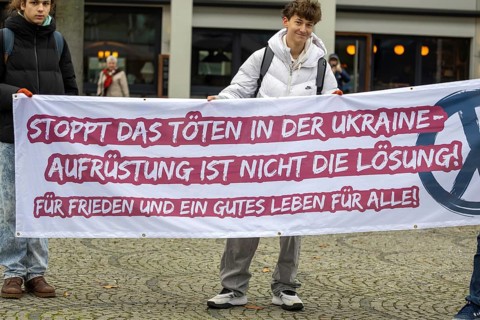 Demonstration against compulsory military service in Ludwigshafen am Rhein***Picture: Flag with the