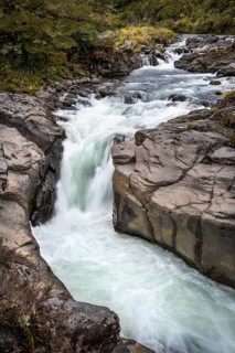 Whakapananui Stream and Mahuia Rapids, river and waterfall. Tongariro National Park, North Island,