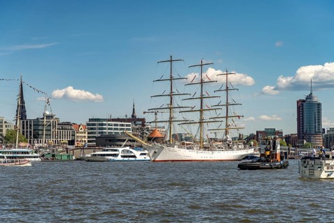 Incoming parade of ships and sailboats at Hafengeburtstag Hamburg 2025 in the Hanseatic City of