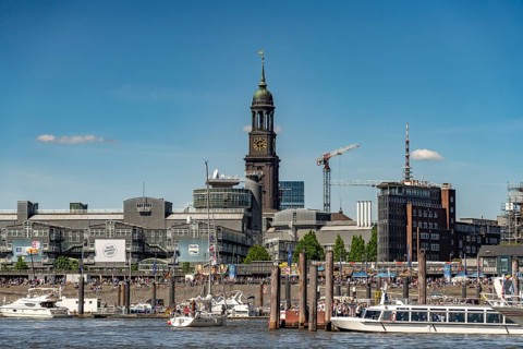 Elbe promenade and main church of St. Michaelis in the Free Hanseatic City of Hamburg, Germany