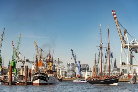 Incoming parade of ships and sailboats at Hafengeburtstag Hamburg 2025 in the Free Hanseatic City