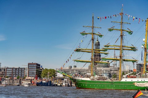 The tall ship Alexander von Humboldt II at the arrival parade of ships and sailboats at