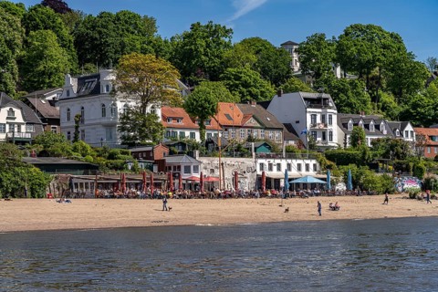 Cafe Restaurant Strandperle and Ahoy on the Elbe Beach in Hamburg, Germany