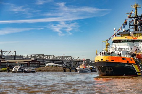 Coast Guard multipurpose vessel Neuwerk on the Elbe in front of Airbus in the Free Hanseatic City