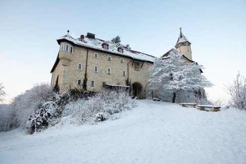 Sunrise over the snow-covered Teck Castle. Baden-WÃ¼rttemberg, Germany