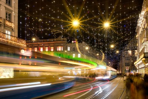 Trams of light on Zurich's Paradeplatz, Lucy Christmas Lights, ZÃ¼rich, Canton of Zurich,