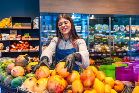 Smiling young supermarket employee in apron and gloves arranging fresh pomegranates, mangos and