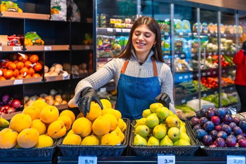 Woman grocer wearing gloves and an apron, smiling while arranging fresh produce like apricots,