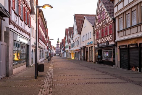 Kirchheim unter Teck, Baden-WÃ¼rttemberg, market street with town hall at sunrise in spring and
