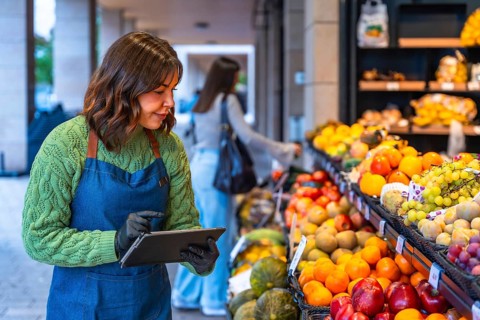 Woman in an apron and gloves managing inventory, checking stock levels of fresh fruit and produce