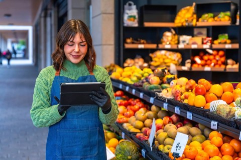 Female small business owner wearing an apron and gloves managing stock and orders on a digital