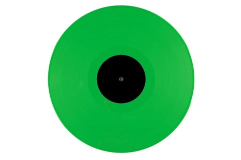 Green vinyl record with a black label in the middle on a white background