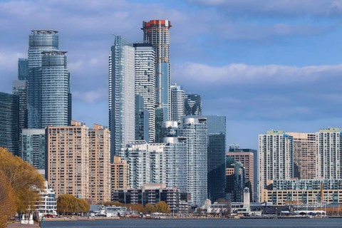 Scenic Toronto financial district skyline and modern architecture. View from Ontario lake