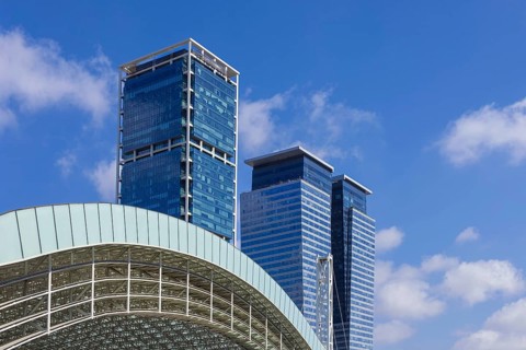Israel, Tel Aviv financial business district skyline with shopping malls and high tech offices