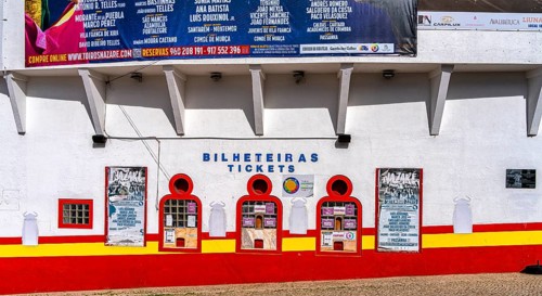 Cash boxes at the entrance to the bullring in Nazare, Portugal