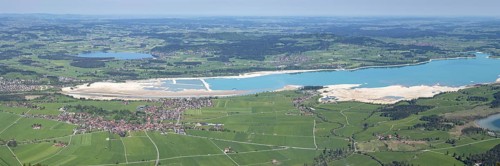 Panorama in spring from Tegelberg, 1881m, of Schwangau, Waltenhofen, Hopfensee and the partly still