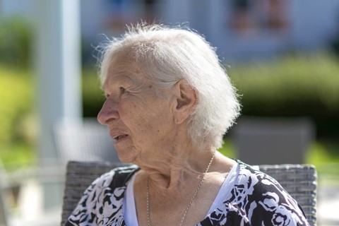 Thoughtful 86-year-old woman, retirement home, Jettingen, Baden-WÃ¼rttemberg, Germany