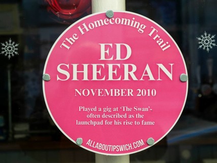 The Homecoming Trail plaque sign Ed Sheeran gig at The Swan pub in November 2010, Ipswich, Suffolk,