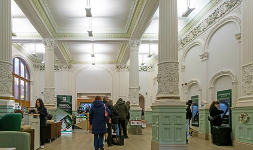Historic classical style architecture interior of Lloyds Bank, Cornhill, town centre of Ipswich,