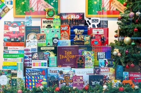 Boardgames in window display of Waterstones bookshop, Ipswich, Suffolk, England, UK
