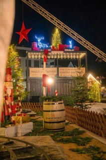 Festive Christmas market decorations at night with lights and ornaments, Sindelfingen, Böblingen