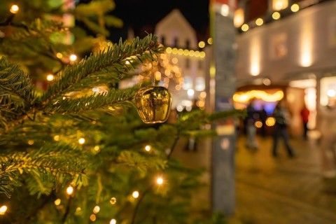 Golden Christmas decoration on a branch, festive lighting in an urban environment, Christmas market