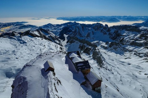 Night view, long exposure from 2506 meter high SÃ¤ntis down to the mountain gas houses of Alter