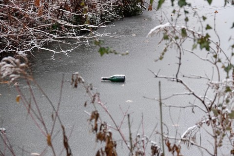 Symbolic picture of garbage in nature, bottle on frozen lake, winter, Germany